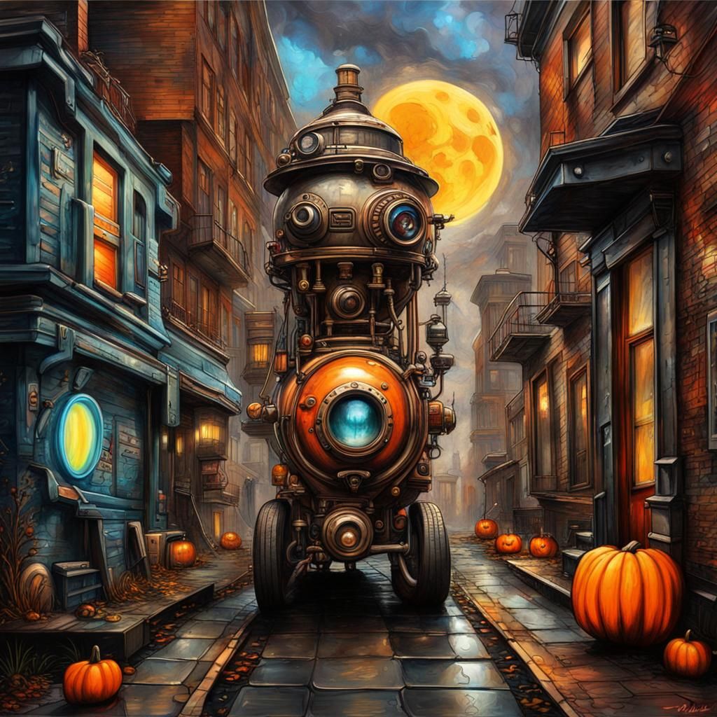 Steampunk retro futurism, aether energy, Halloween trick or treating, intricate details, HDR, beautifully shot, hyperre...