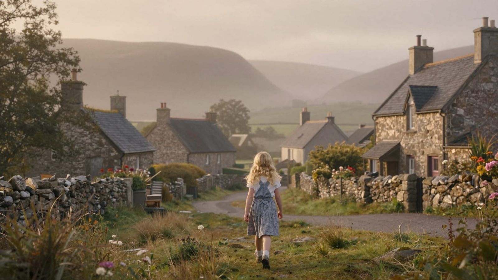 Ethereal Fantasy Girl in Misty Scottish Highlands Village