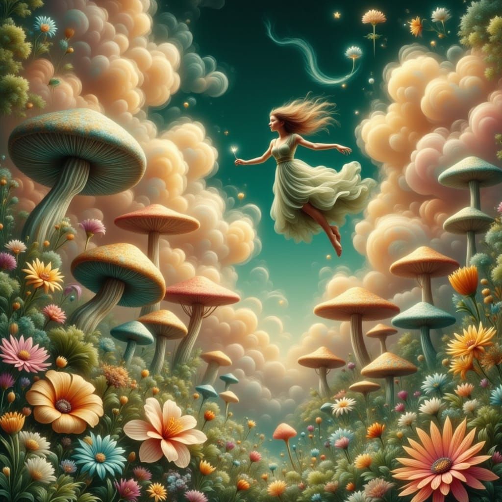 Whimsical Oil Paint Concept Art of Alice in a Lush Fantasy G...