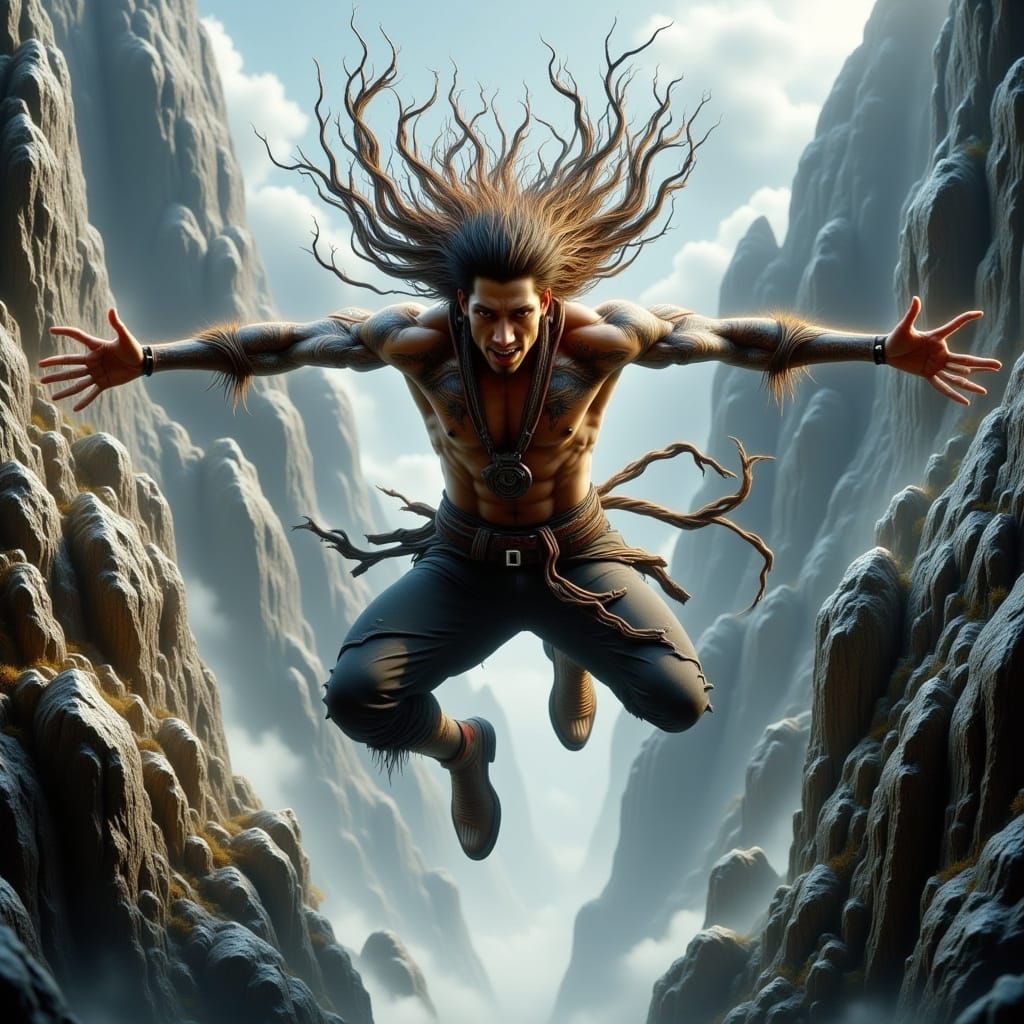 Muscular Hero Leaps Across Mountain Chasm