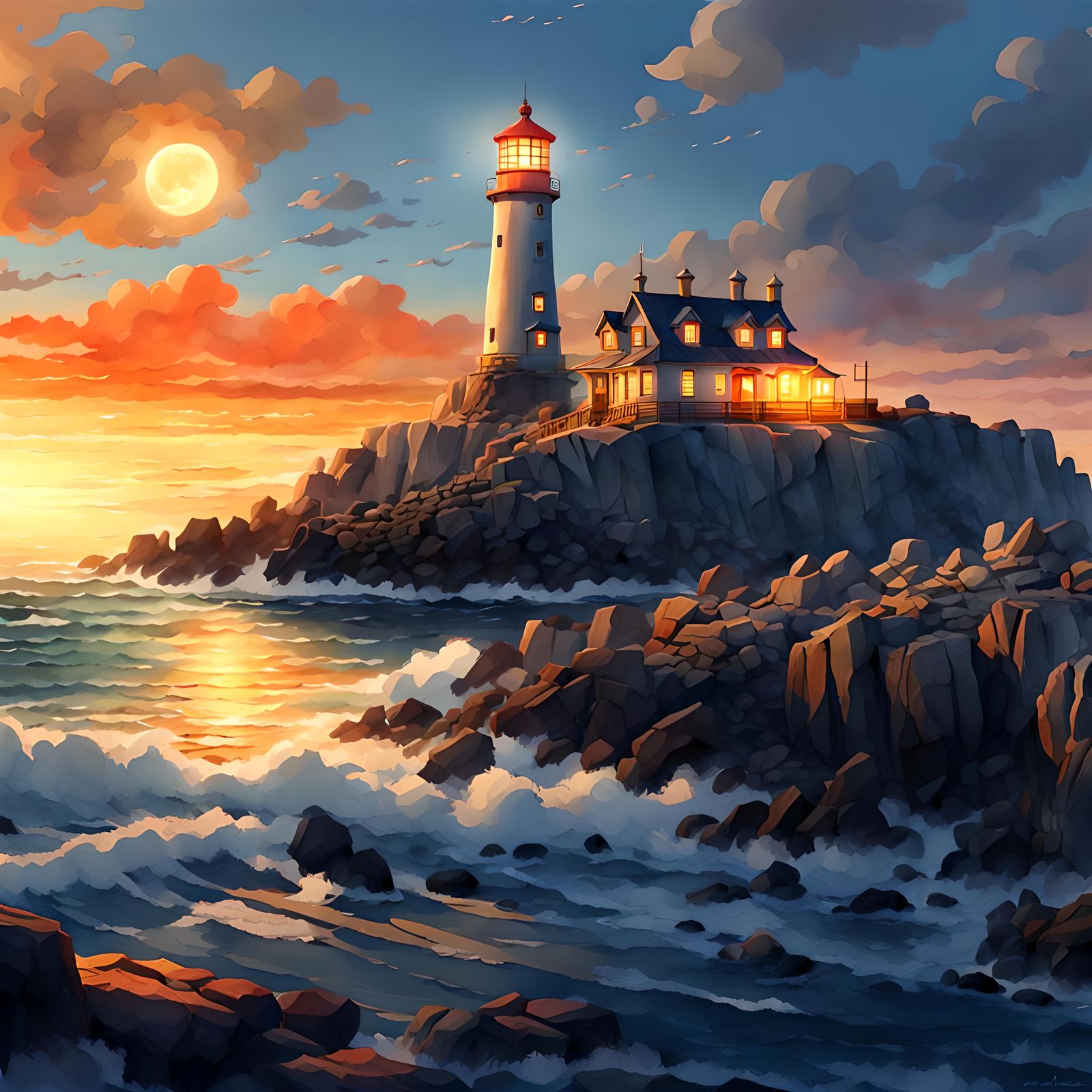 Lighthouse at Shoreline in Watercolor Style