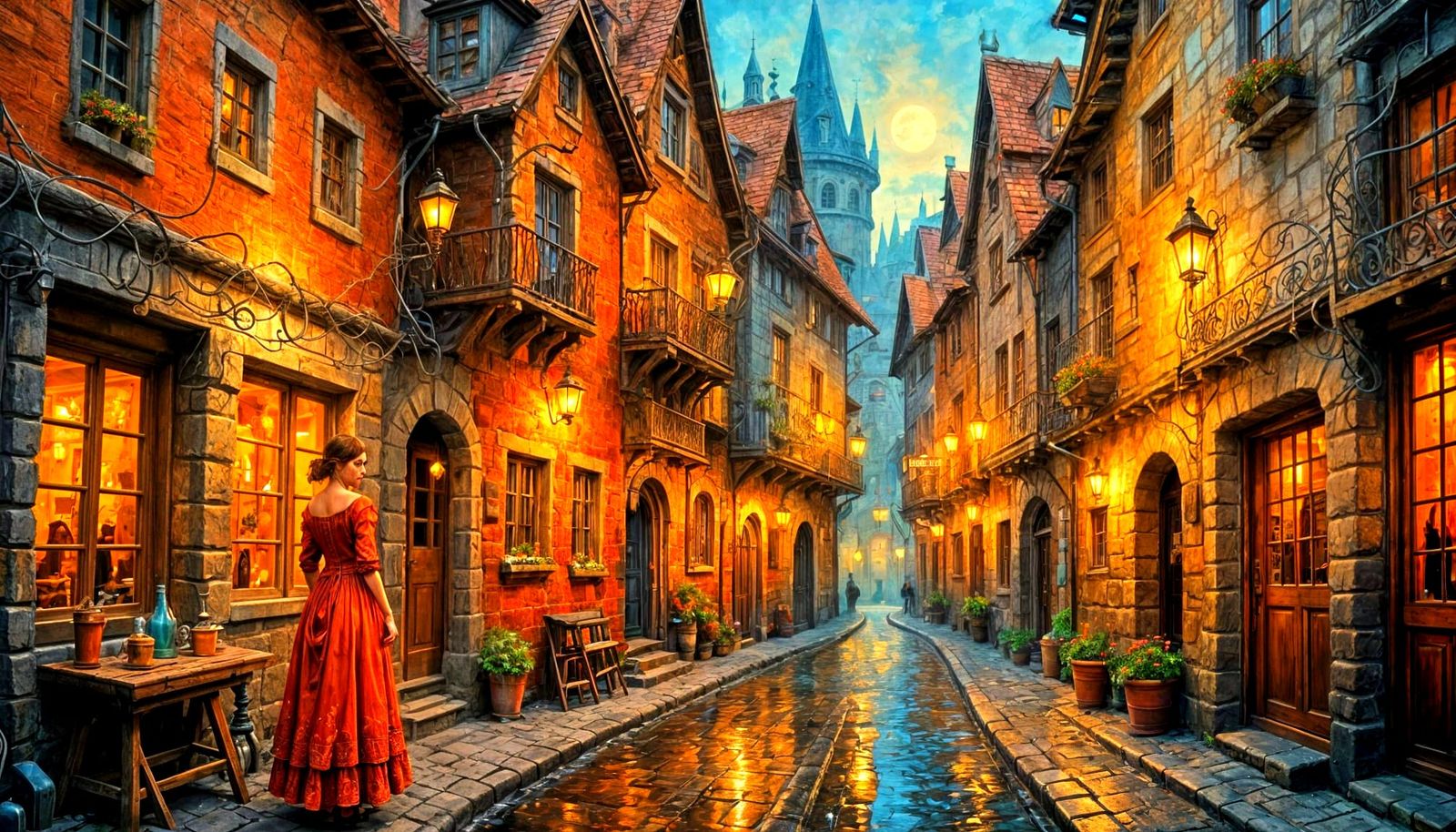 Medieval Alleyway with Glowing Tavern and Mysterious Figure