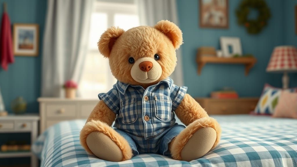 Comfy Teddy Bear wearing a Denim Gingham Outfit