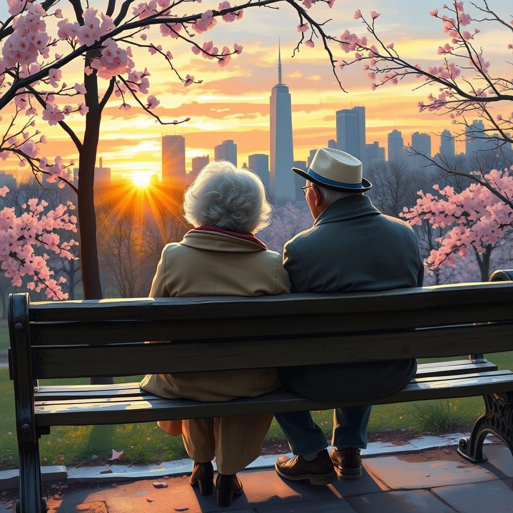 Elderly Couple in Central Park at Sunset, in Impressionist S...