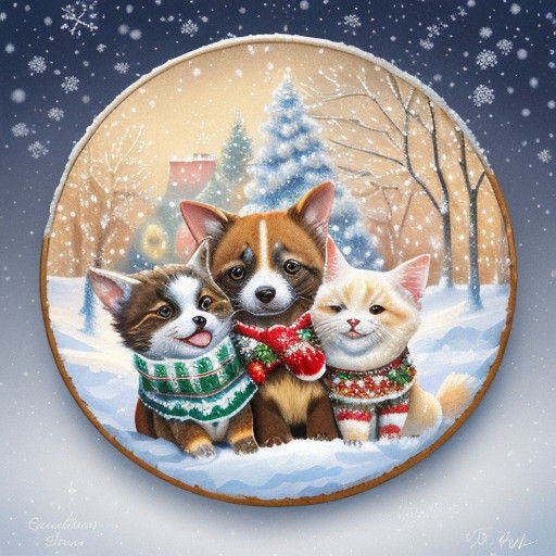 Adorable Pets in Holiday Sweaters Winter Wonderland Scene