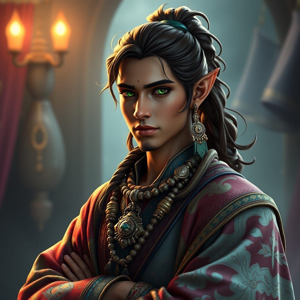 Elegant Middle-Eastern Half-Elf Bard in Fantasy Realism Styl...