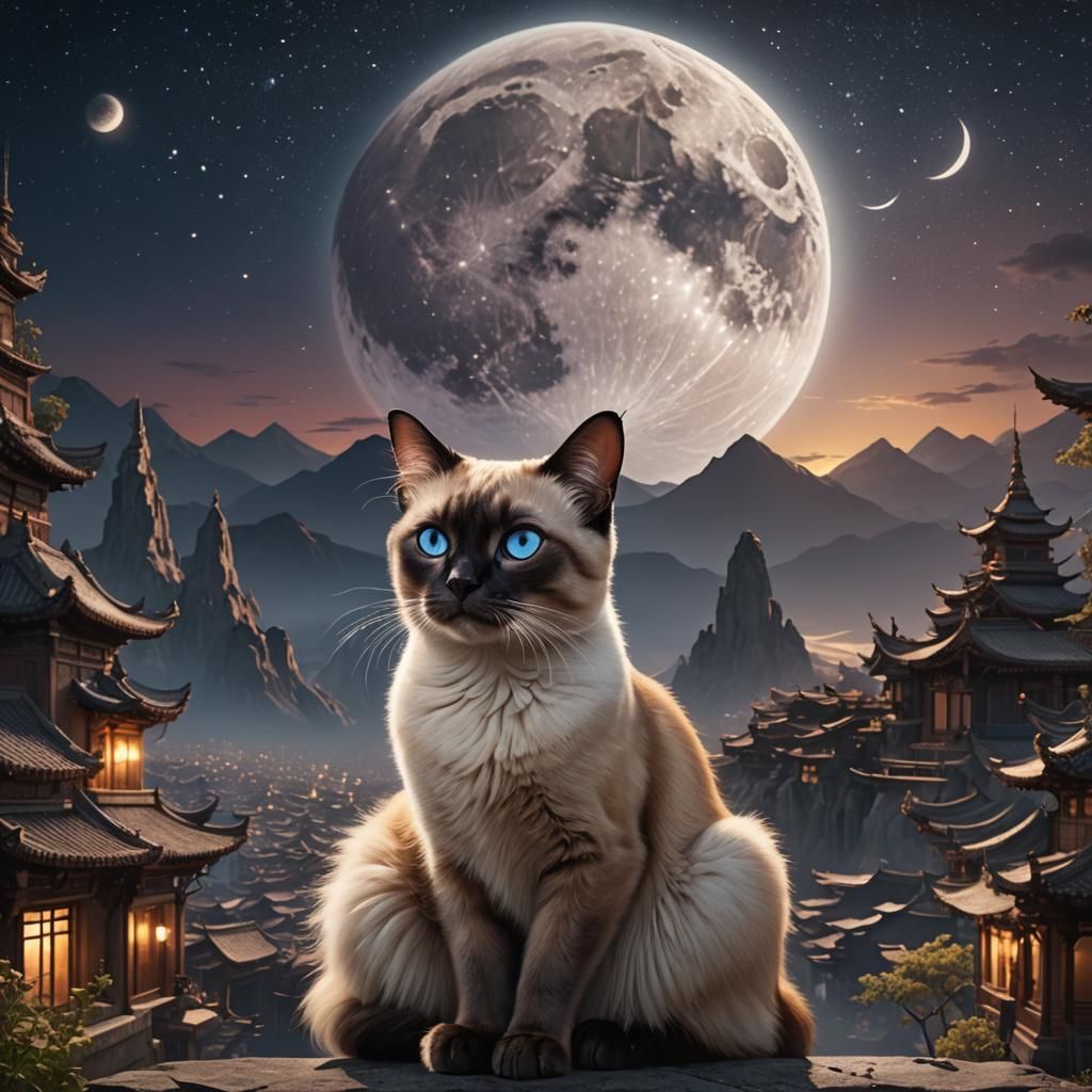 Calico Himalayan Siamese Cat Gazing at Moon