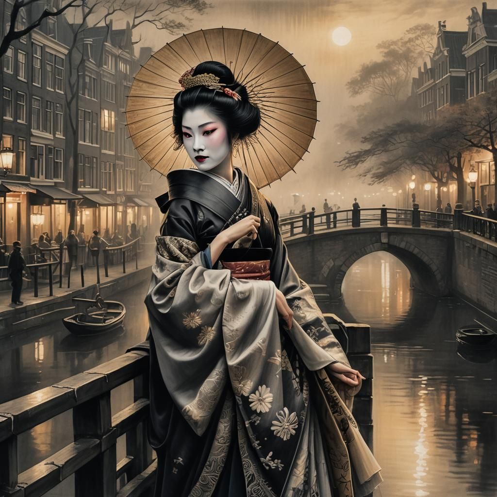 Geisha on Foggy Amsterdam Bridge in Charcoal Style