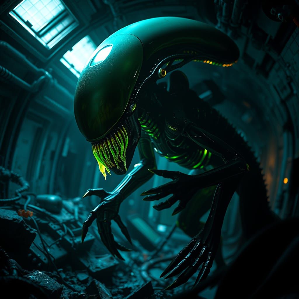 Bioluminescent Xenomorph Lurking in Derelict Spacecraft