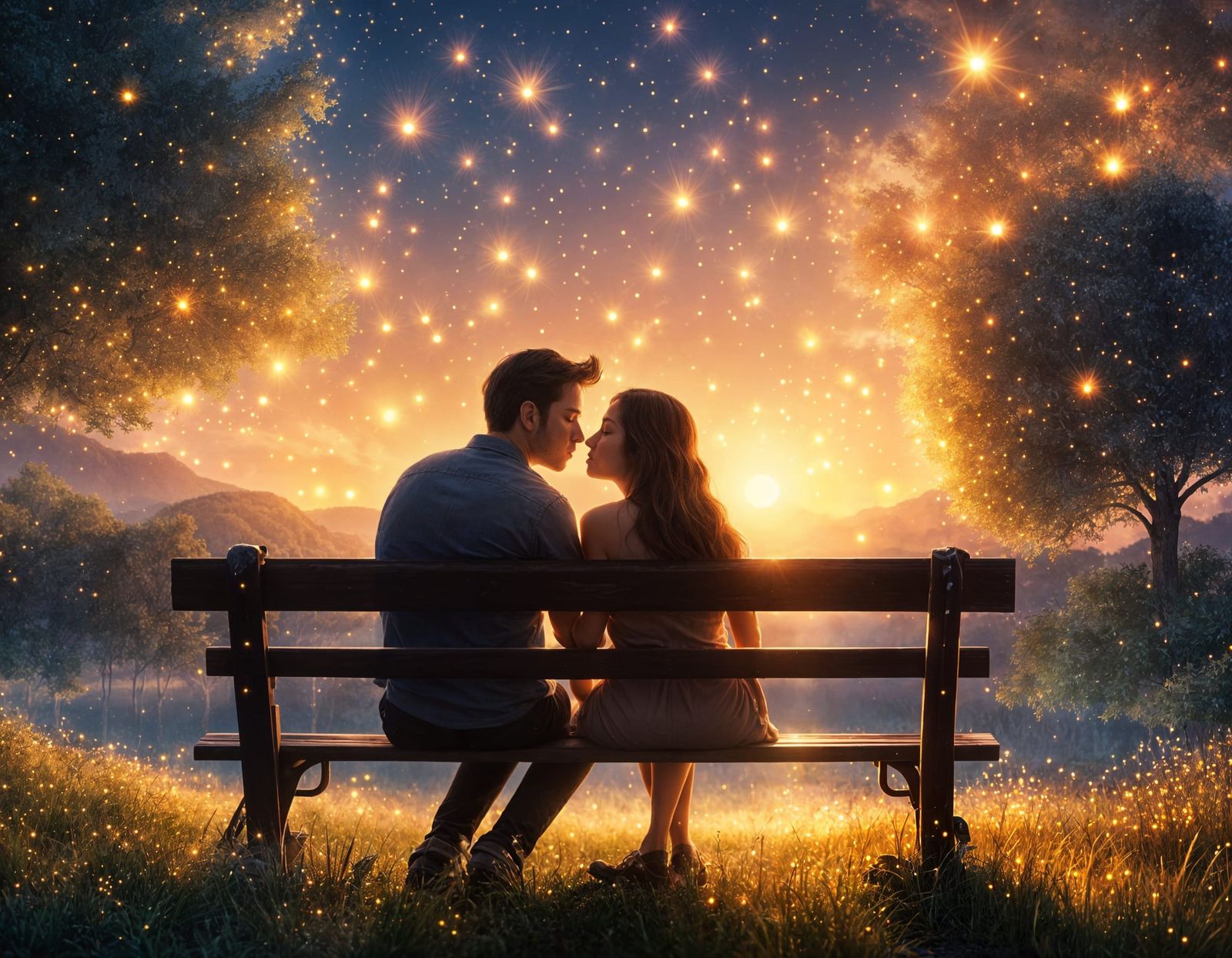 Couple's First Kiss in Sparkling Autumn Garden