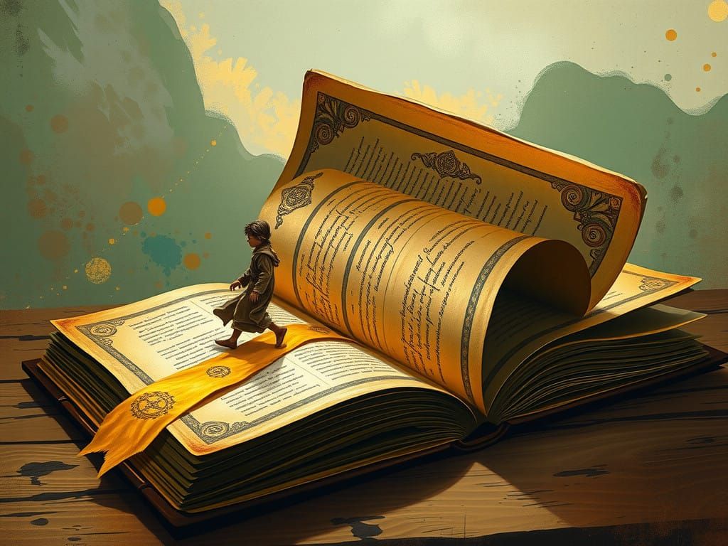 Mystic Figure Embarks on Golden Path Through Luminous Pages