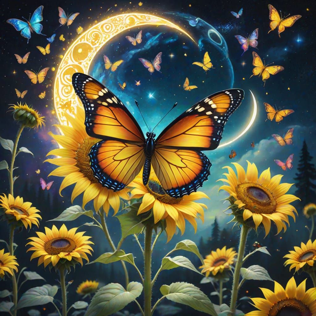 Surreal Queen Butterfly soars into Sunflower Labyrinth under...