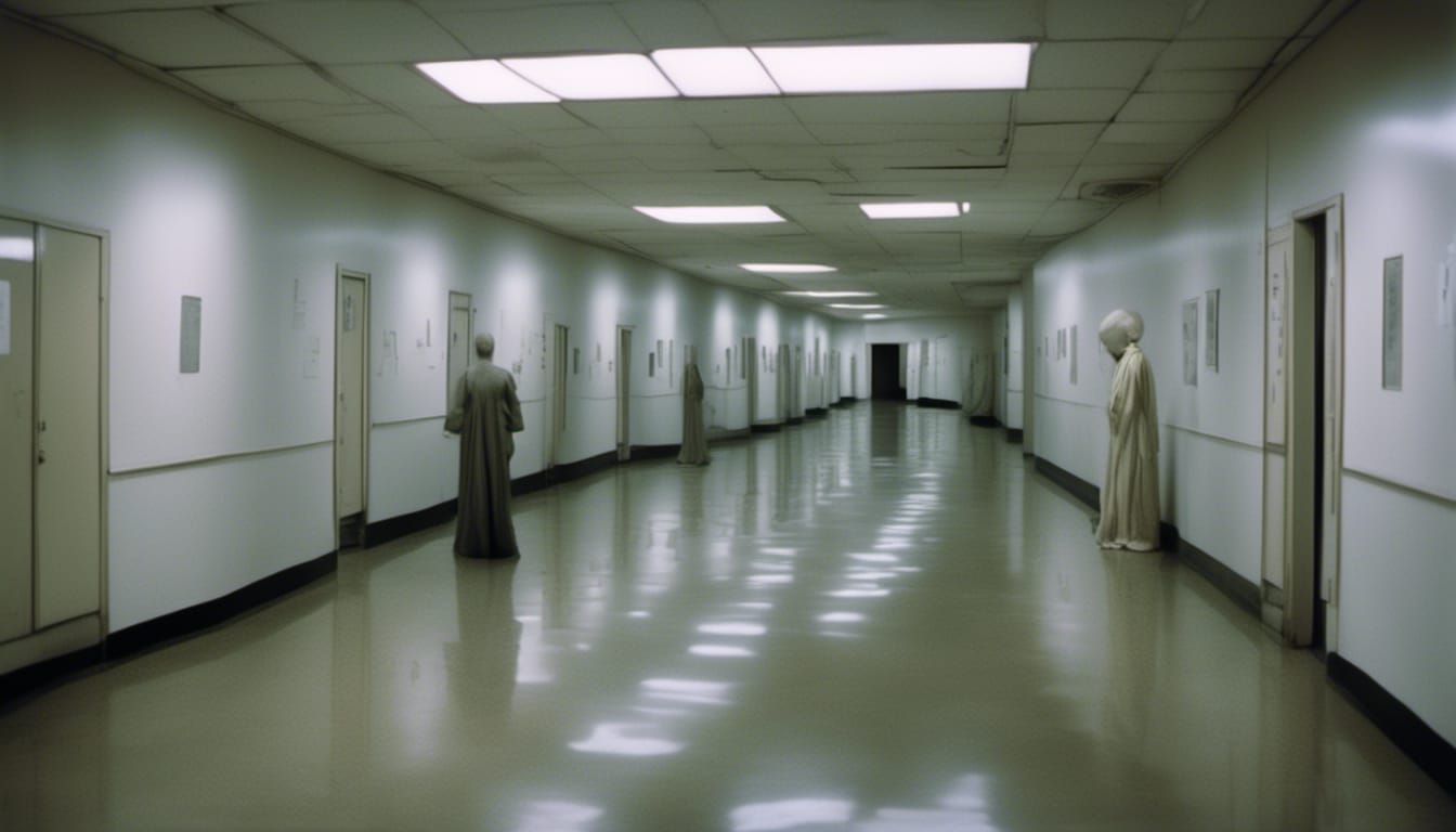 Eerie Long Corridor with Distant Figure