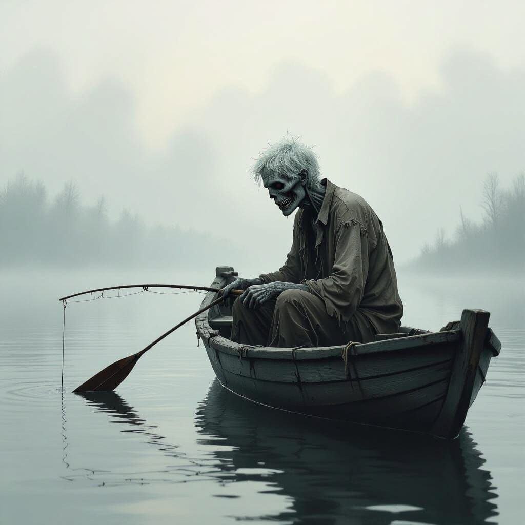 Zombie Fisherman on Misty Lake in Dark Fantasy Style