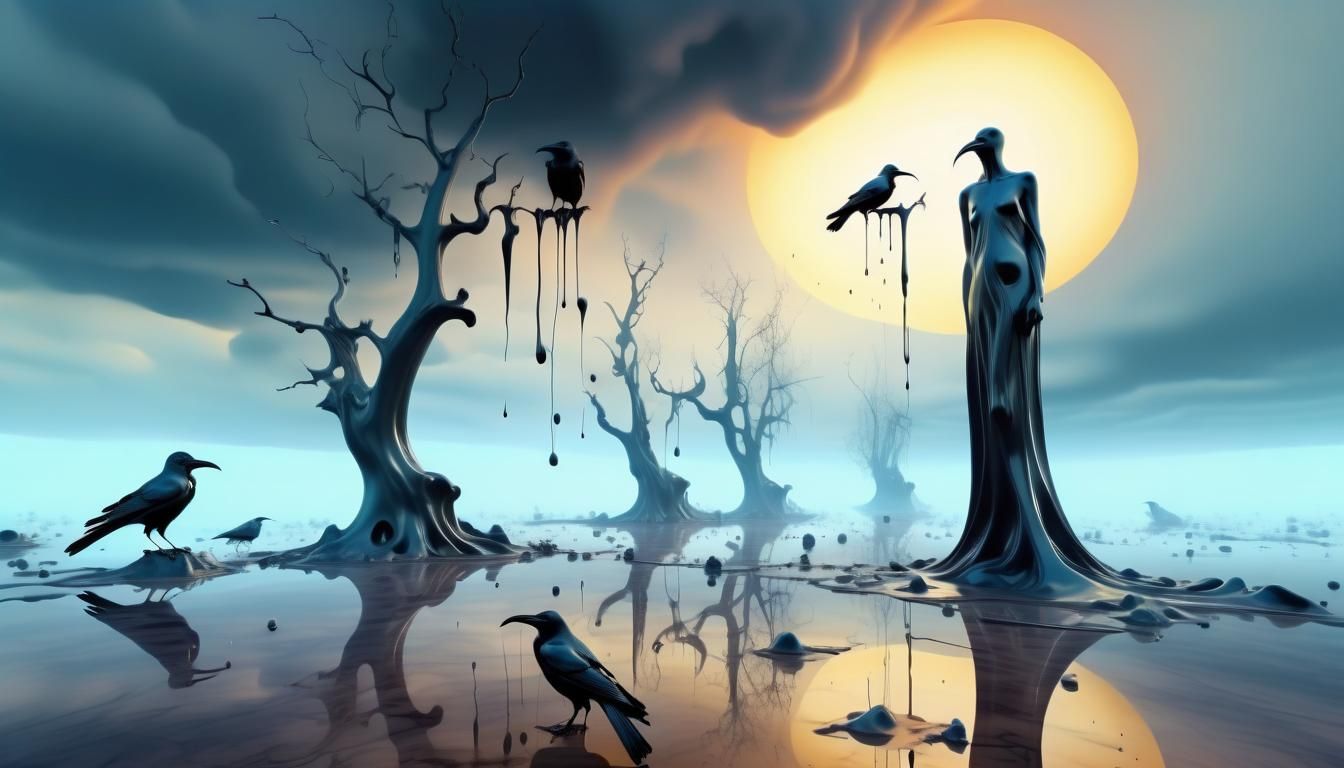Surreal Melting Clocks and Crows, Salvador Dali Style