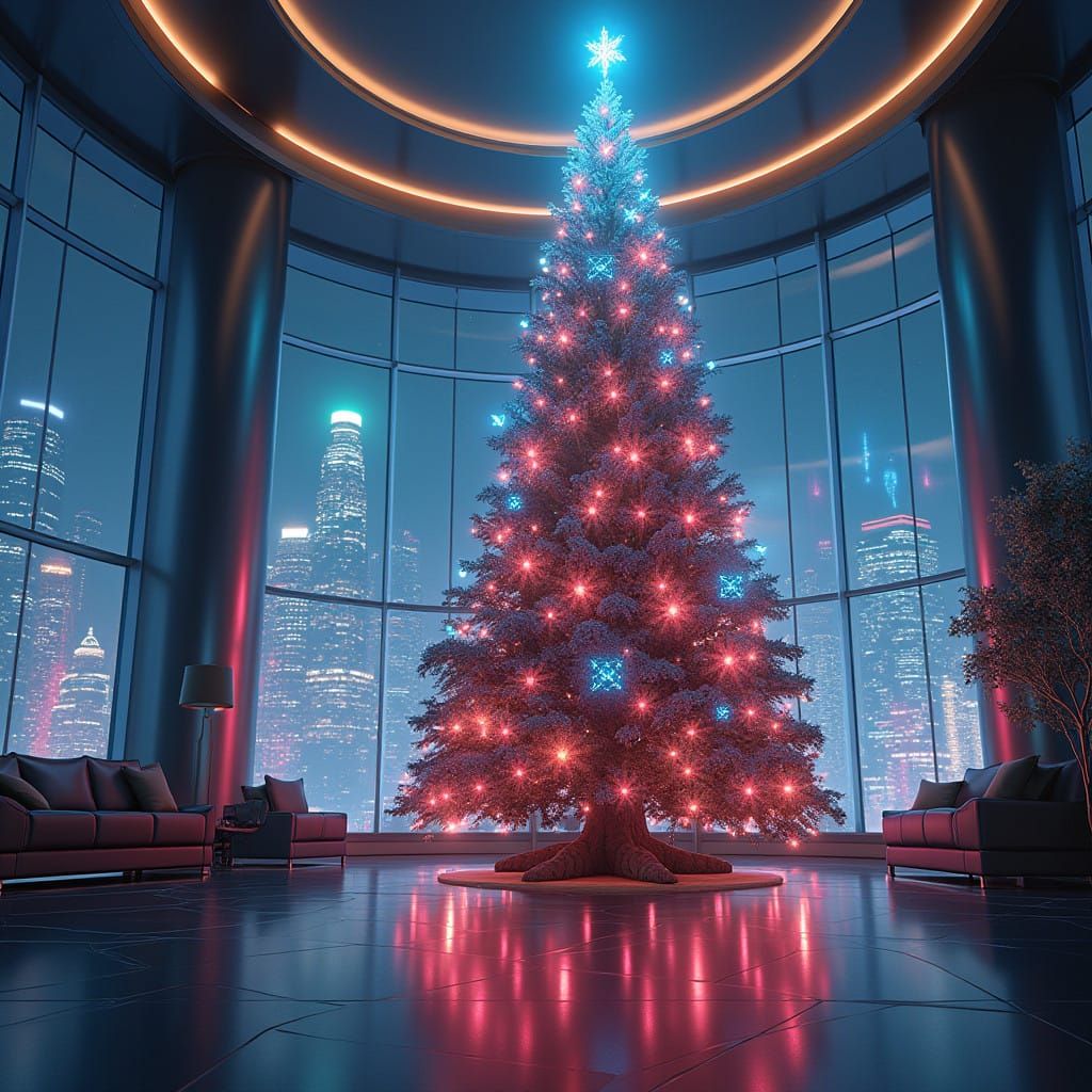 Cyberpunk Christmas Tree in a Futuristic IT Lobby
