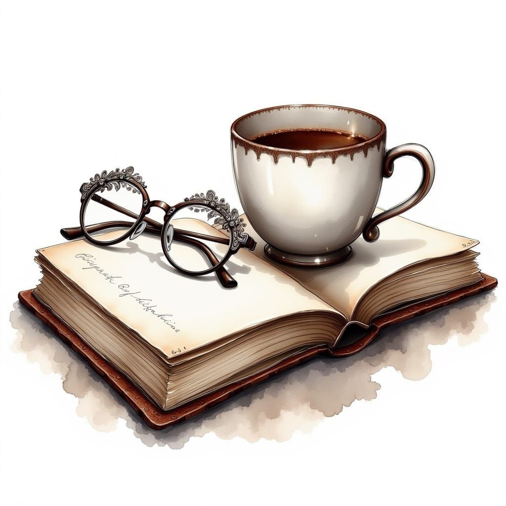 Reading Glasses on Book in Watercolor Sketch Style