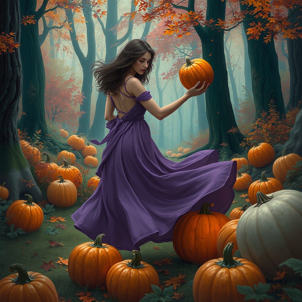 Woman Smashing Pumpkins in Dreamy Autumn Landscape