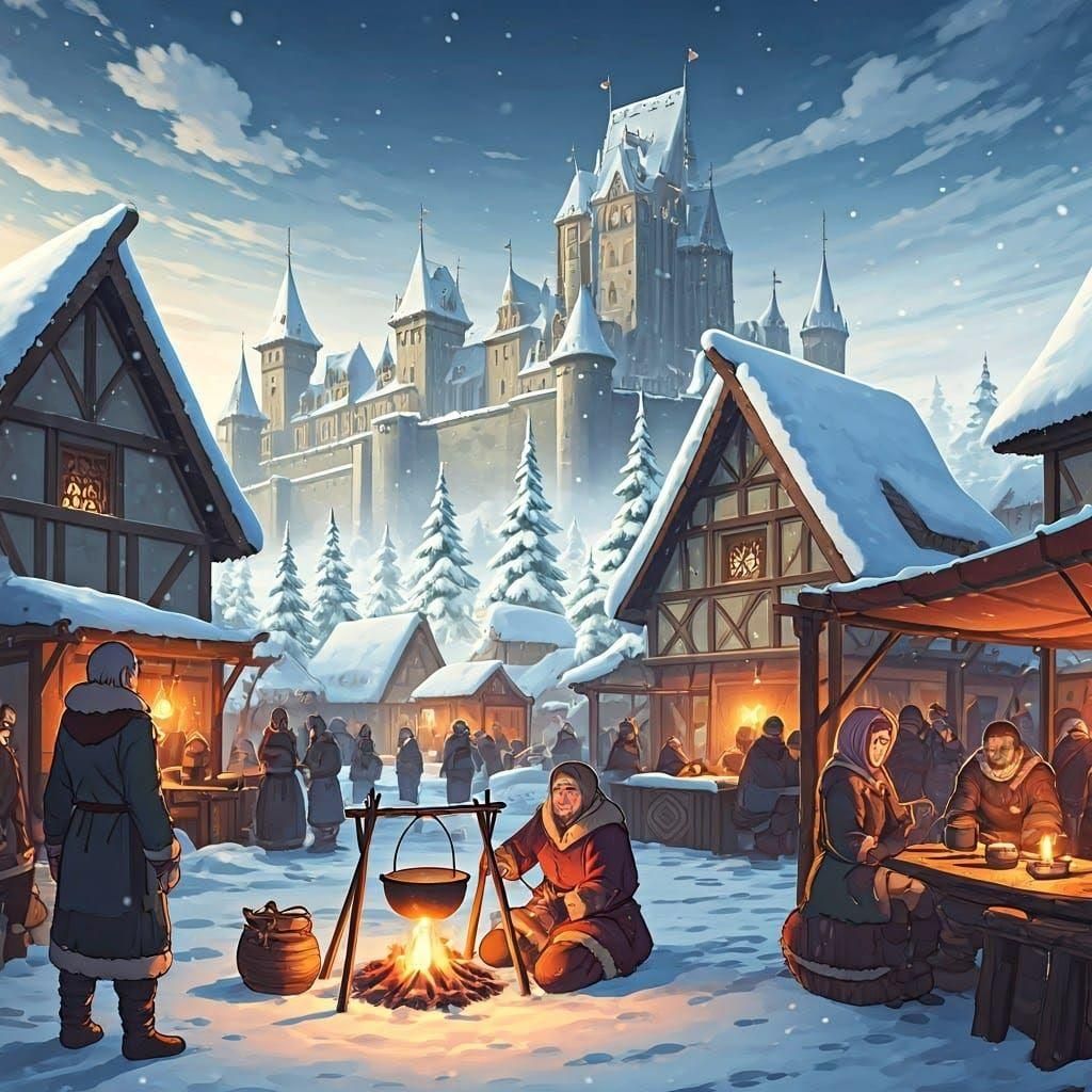 Snowy Medieval Village Scene in Anime Style