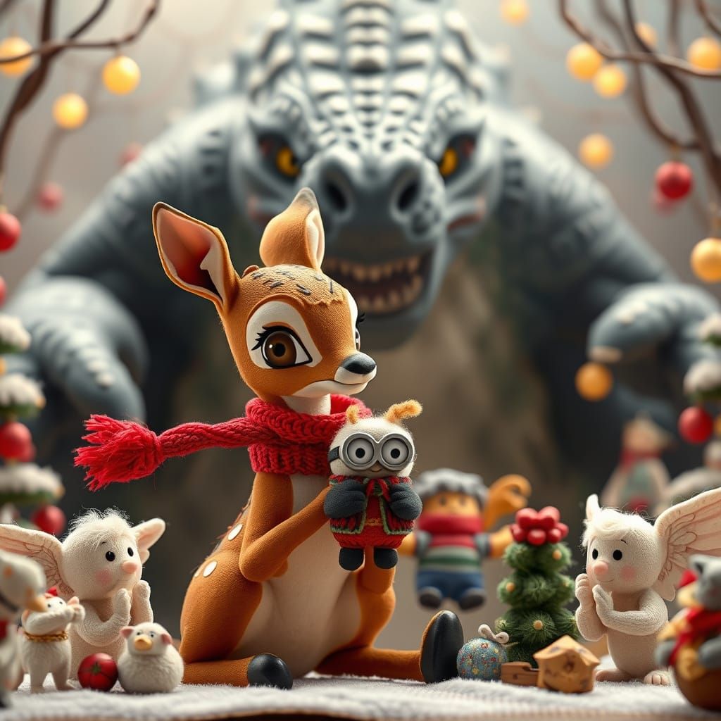 Bambi and Yarn Minion with Godzilla in Claymation Style
