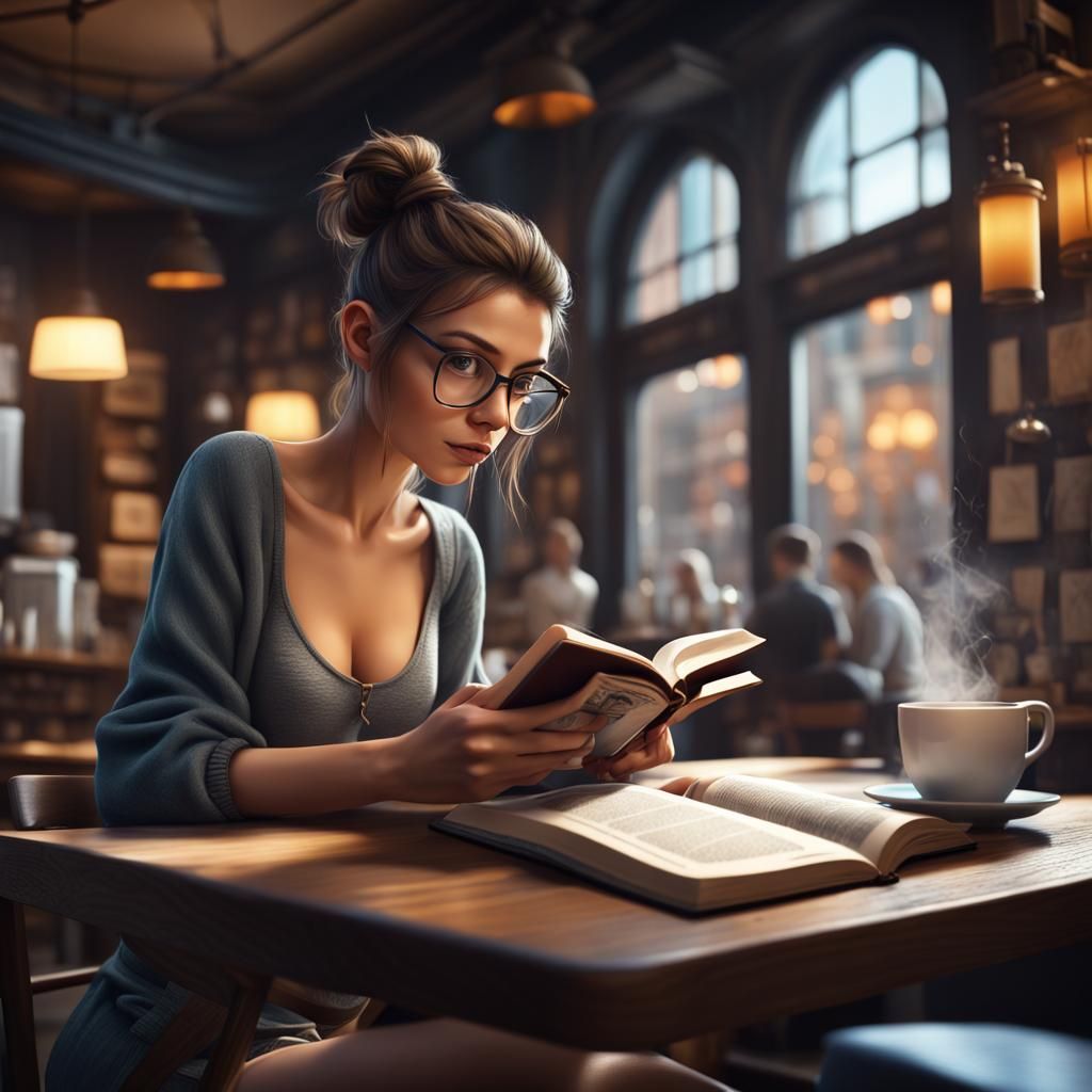 Woman Reading in Coffee Shop: Detailed Matte Painting