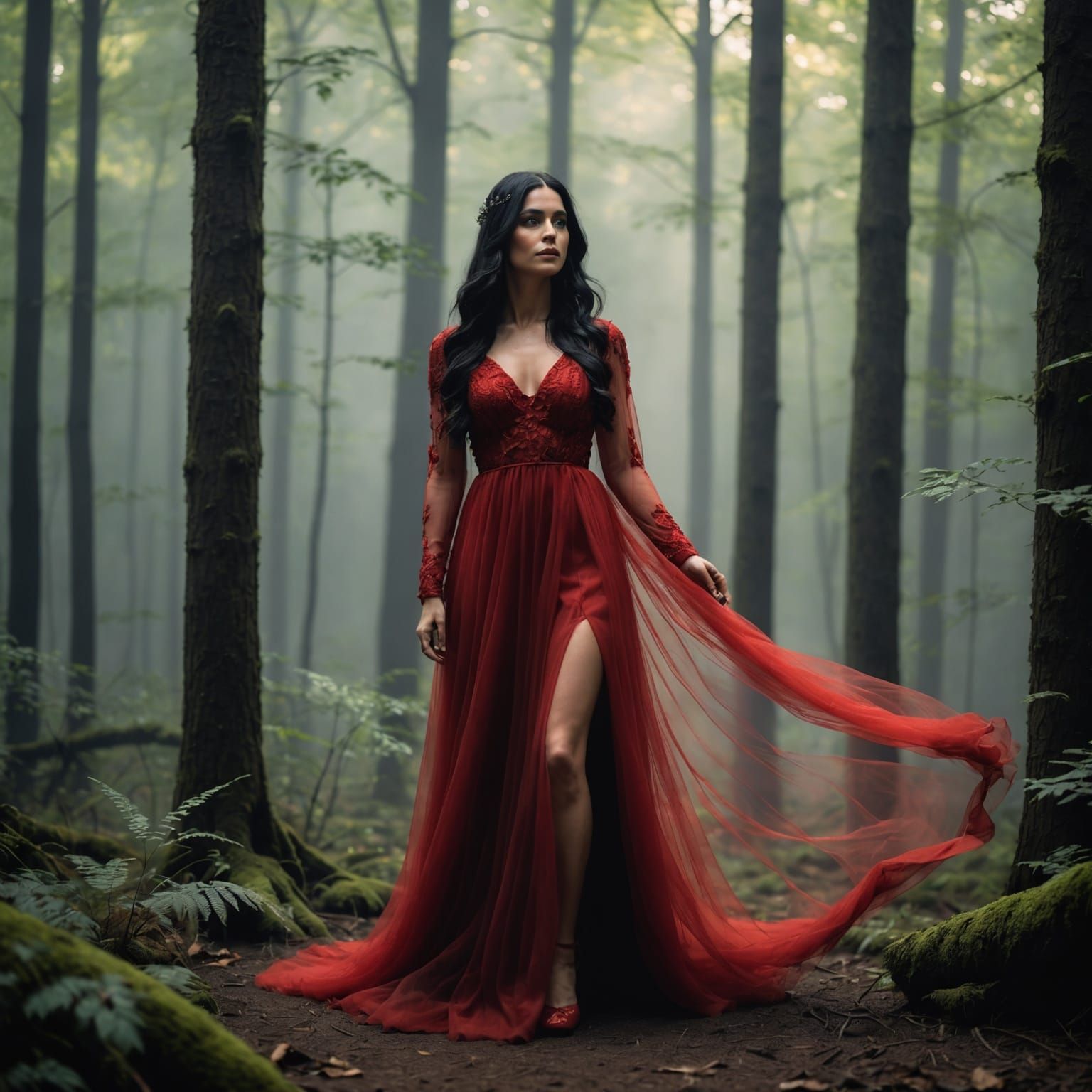 Argentine Woman in Red Gown in Misty Forest