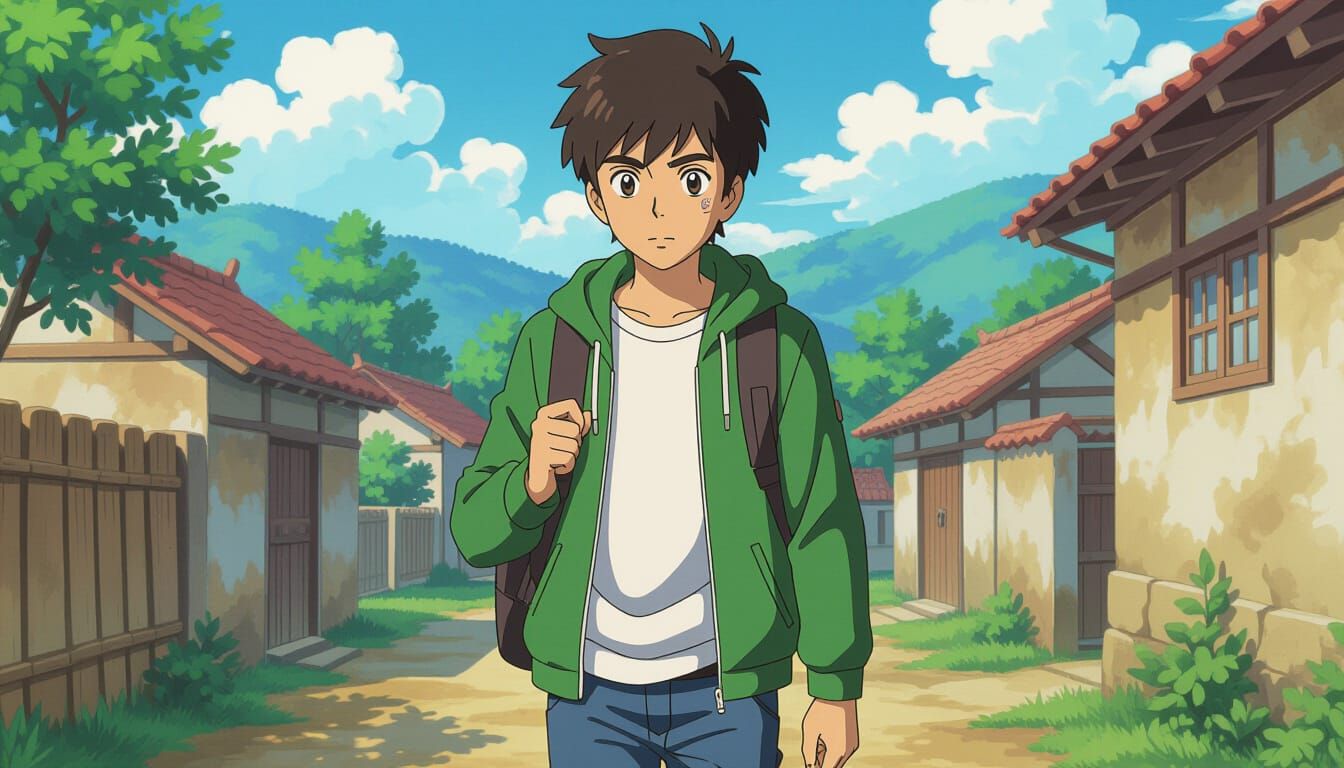 Teenage Boy Walks Through Village in Anime Style