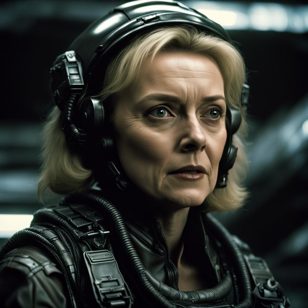 Leather-Clad Woman in Aliens Scene: Hyperrealistic Image