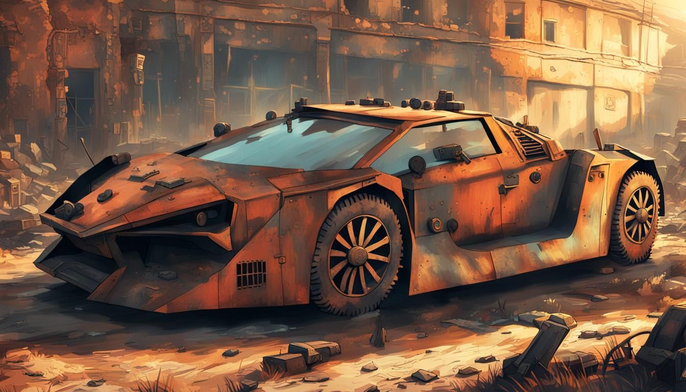 Armored Vehicle in Desolate Post-Apocalyptic Cityscape