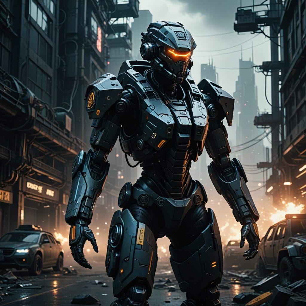 Cyberpunk Female Combat Cyborg in a Desolate Cityscape