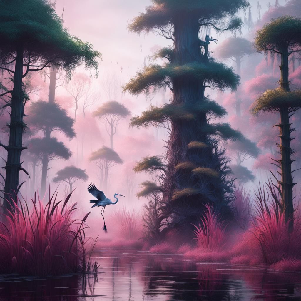 Mystical Swamp Forest with Heron in Matte Painting Style