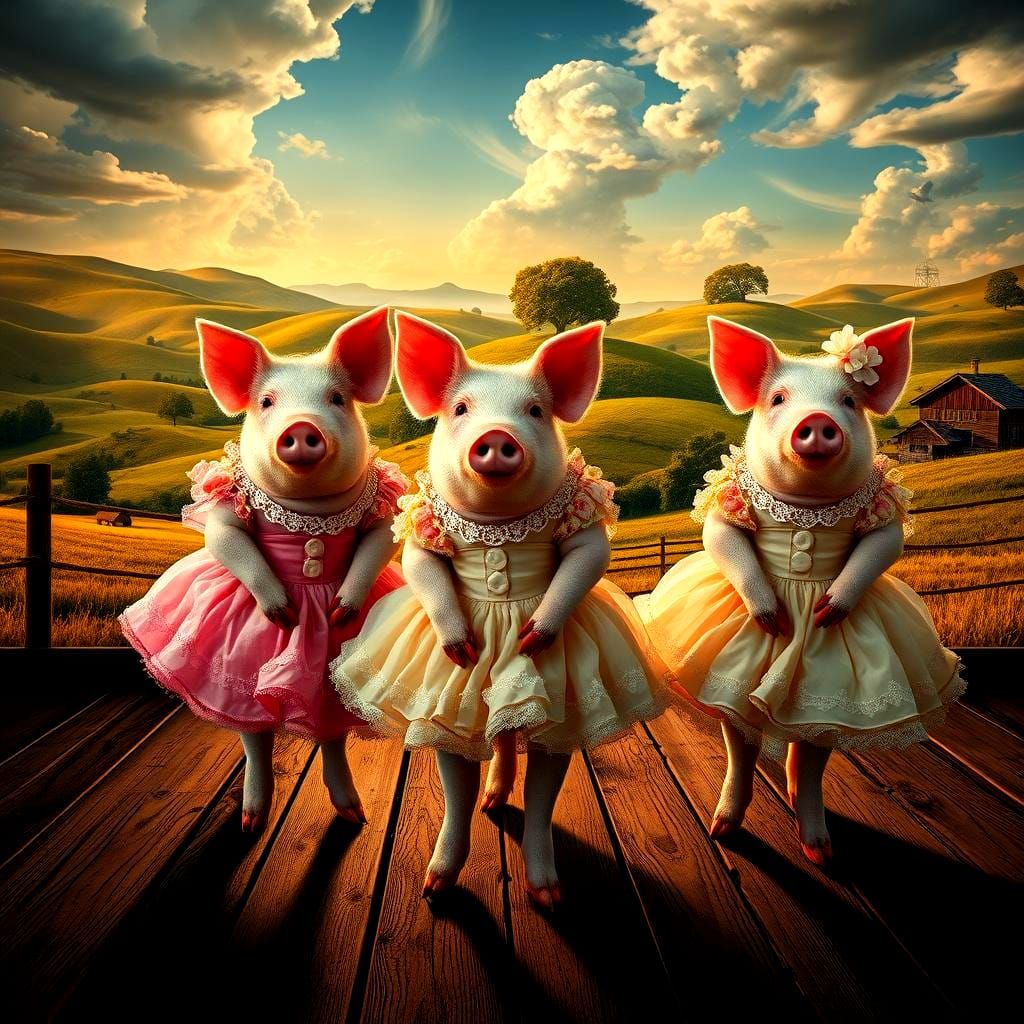 Surreal Pigs in Dresses on a Farm