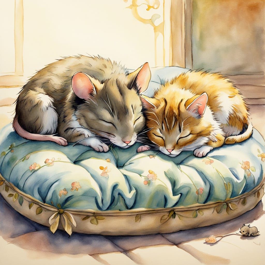 Whimsical Mouse and Cat Duo in a Cozy Watercolor Scene
