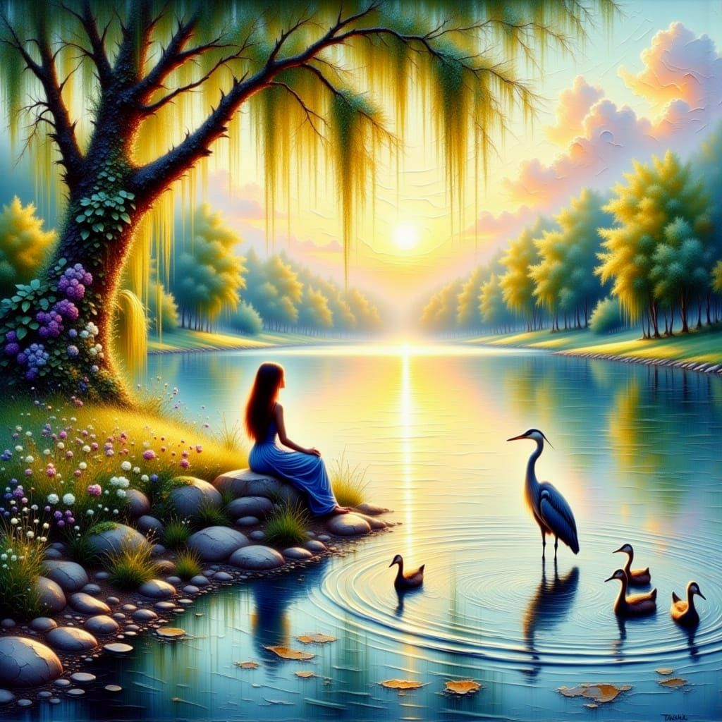 Ethereal Sunset Serenity in Impasto Style