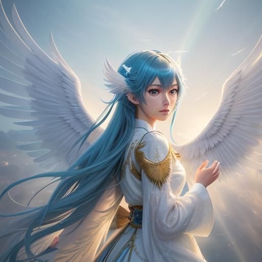 Anime Angel Portrait with White Wings
