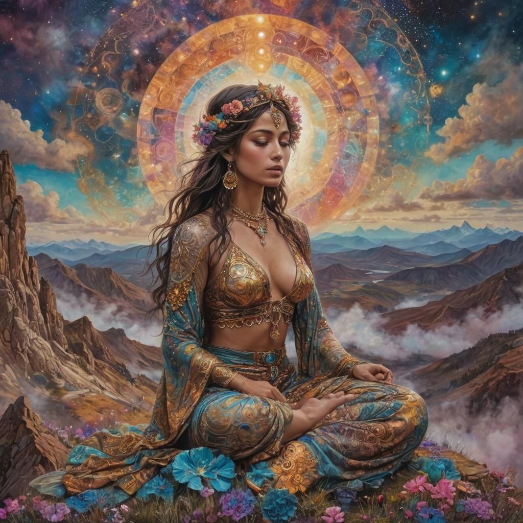 Meditative Mountaintop Scene in Mixed Media Style