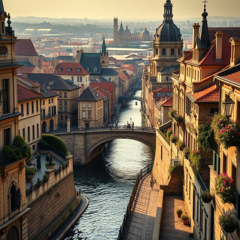 Baroque Cityscape Unfolds Along Serpentine Waterways in Warm...