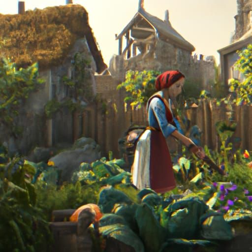 Medieval Farmer's Wife in Fantasy Garden Art