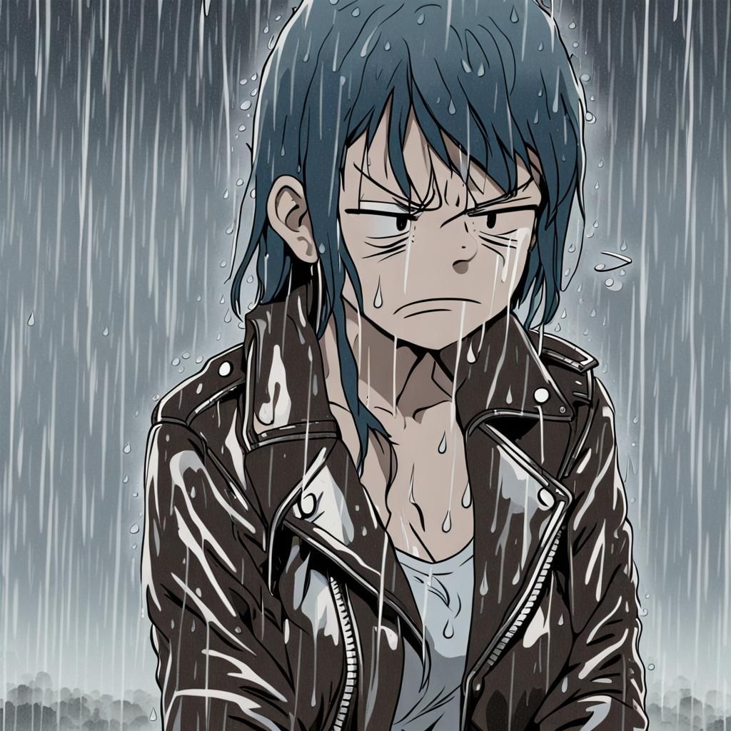 Annoyed Woman in Rain with Leather Jacket