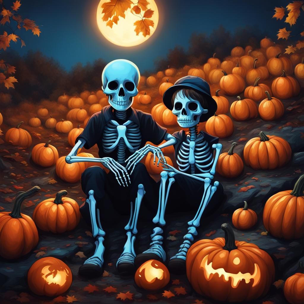 Moonlit Hill Skeletons Surrounded by Pumpkins
