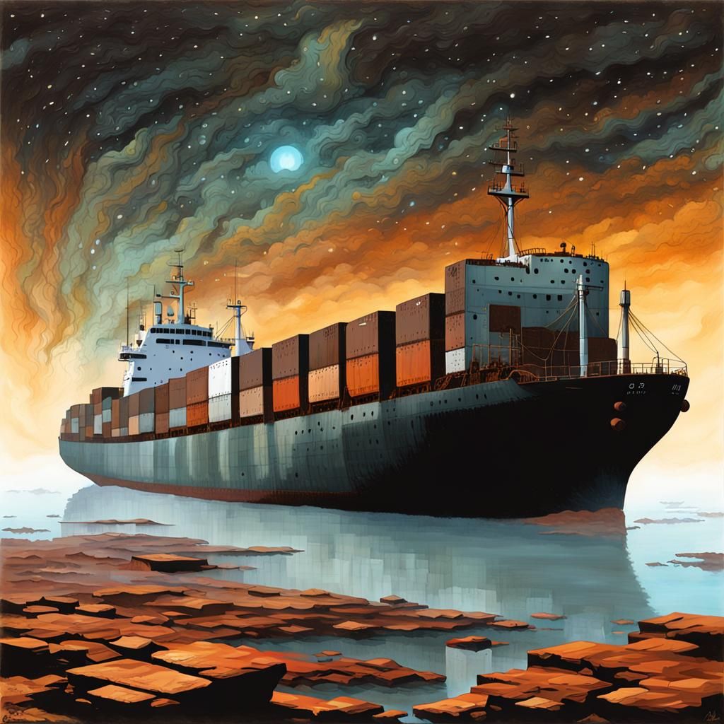 Ethereal Iron Ore Ship in Retro Acrylic Style