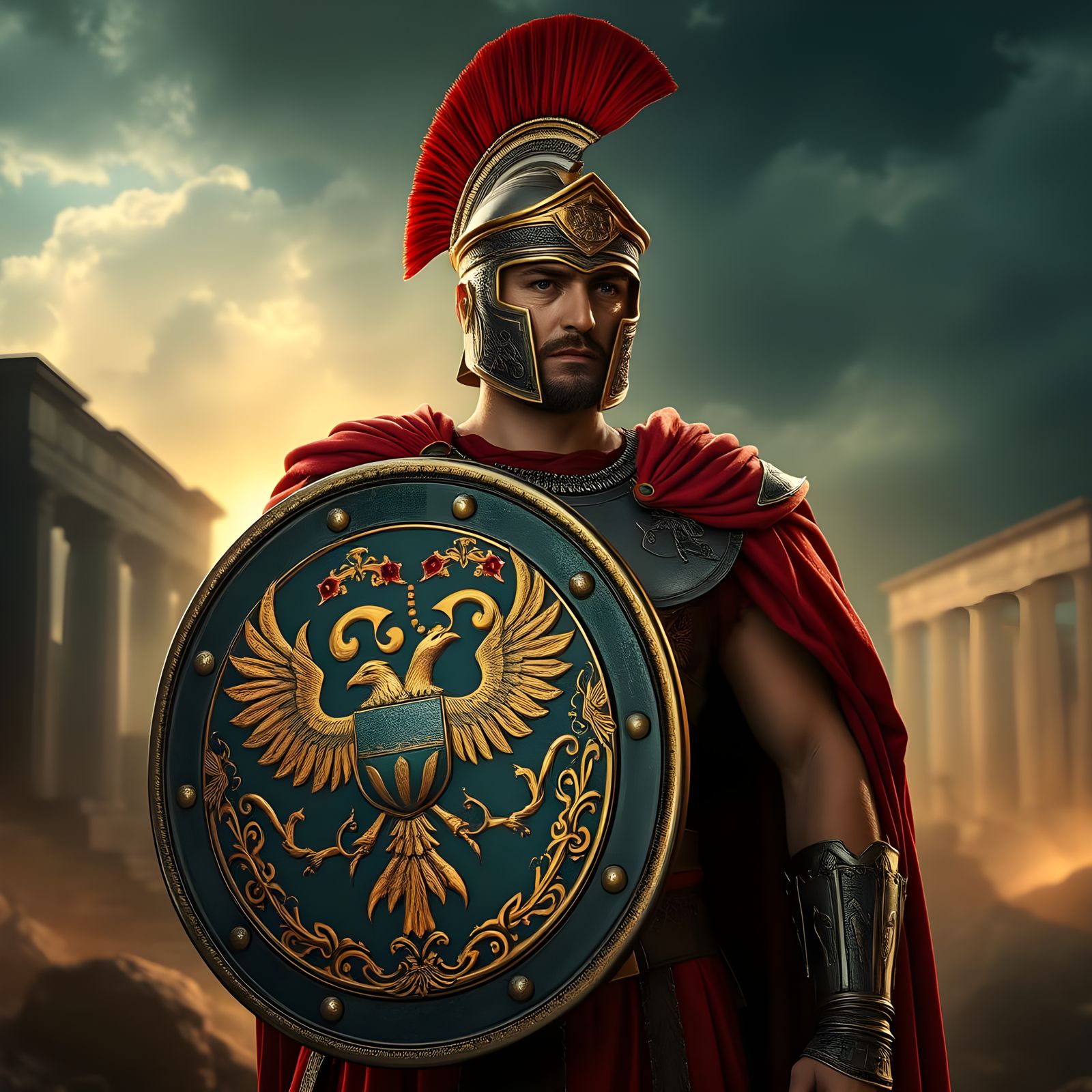 Roman Centurion with Ornate Heraldic Shield in Ancient Ruins