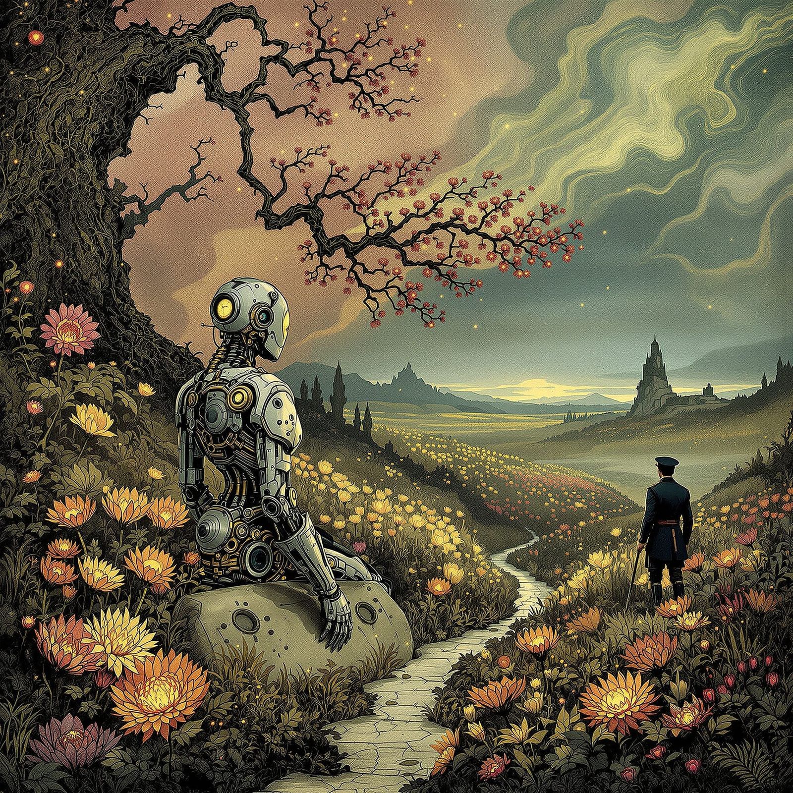 Steampunk Automaton Tends Glowing Flora in Surreal Dreamscap...