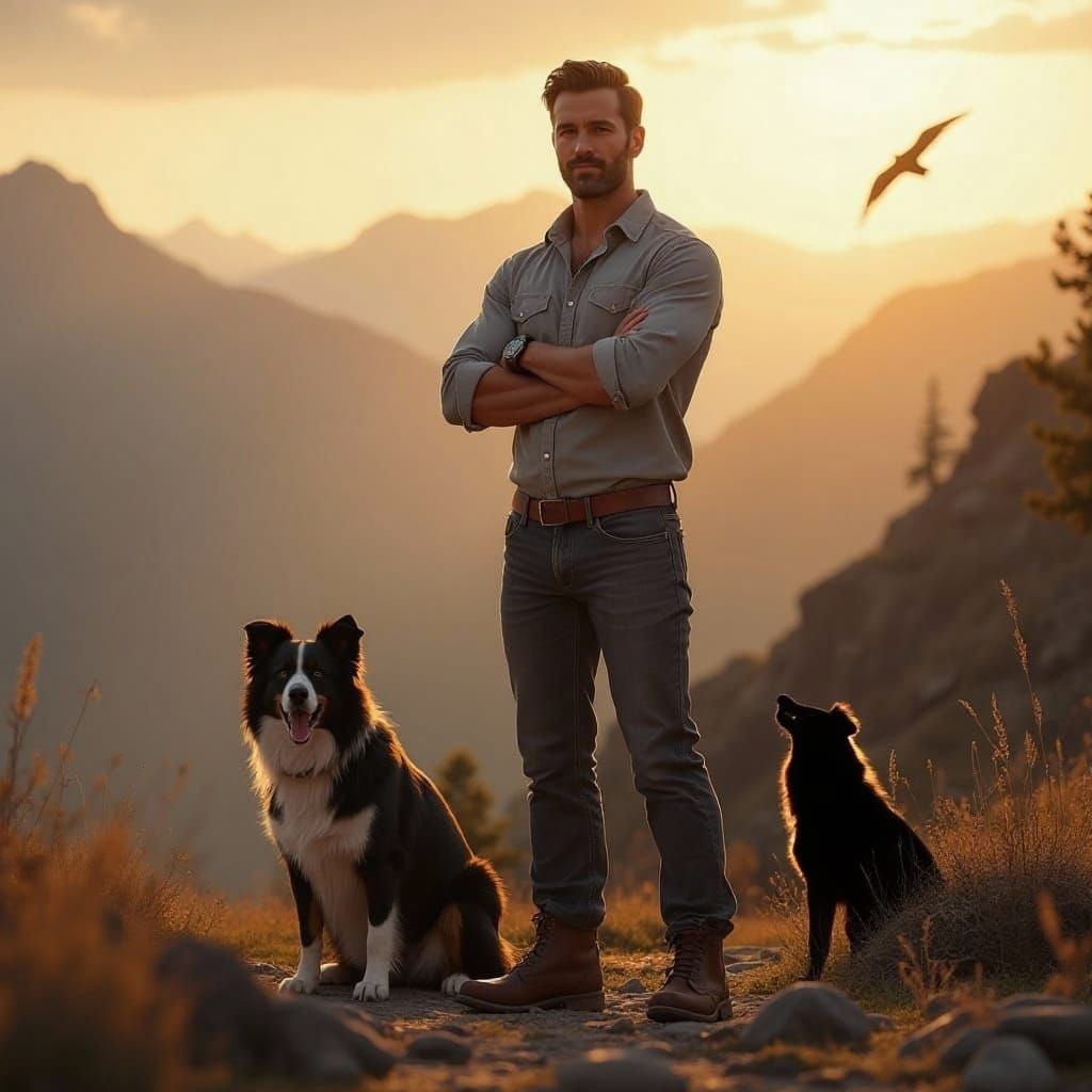 Muscular Man and Border Collie at Golden Hour Mountain Lands...