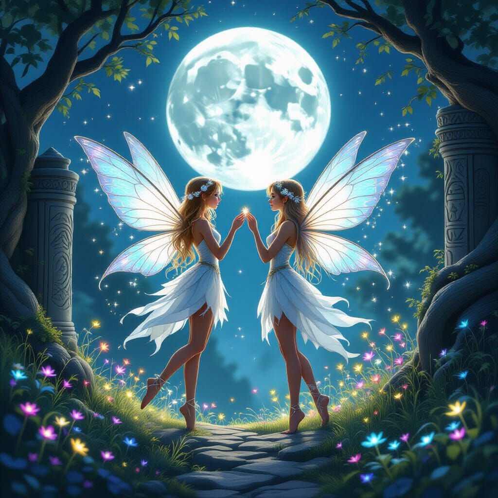 Fairies Under Moonlit Grove in Fantasy Realism Style