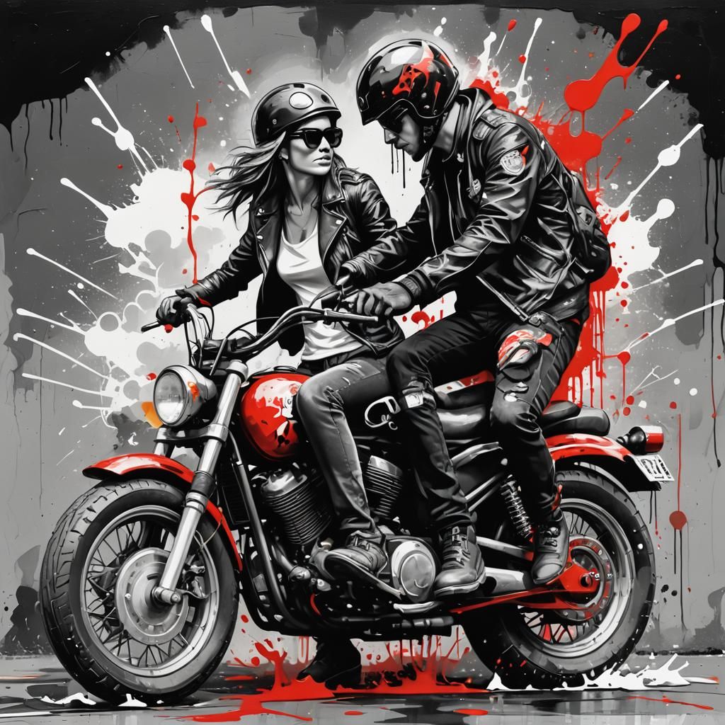 Biker Couple in Graffiti Street Art Style