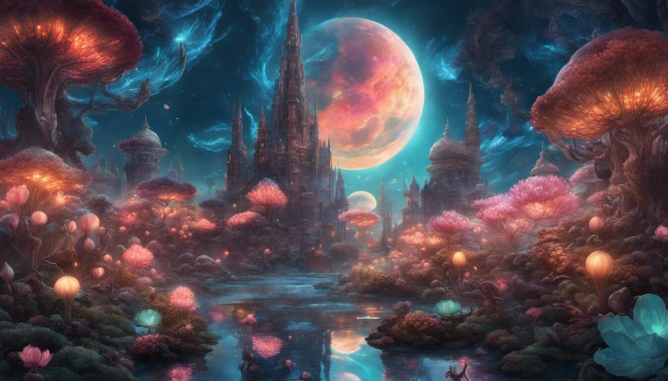 Bioluminescent Dreamscape with Holographic Lotuses