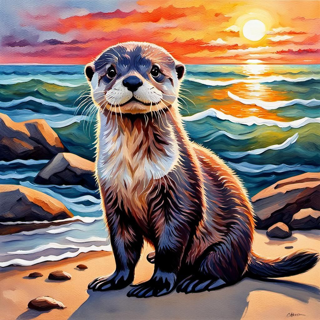 Adorable Otter at Sunset in Gouache Watercolor Style