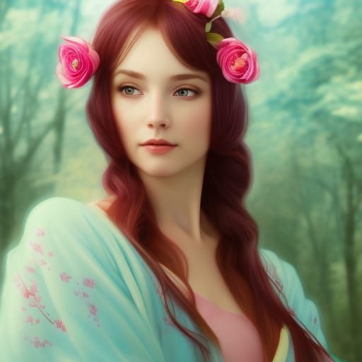 Princess with Rose Hair in Sakura Forest