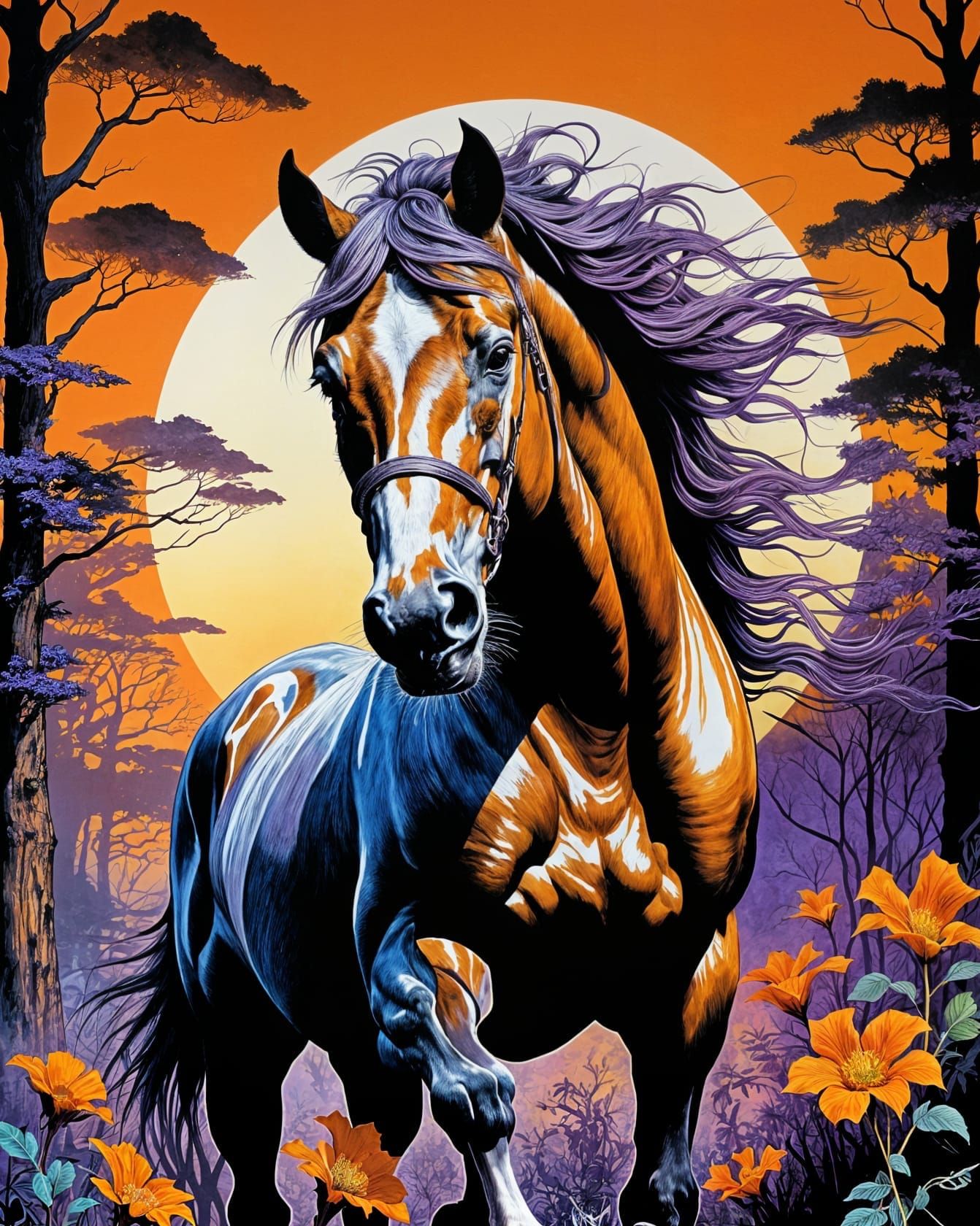Regal Stallion in Vibrant Sunset Landscape